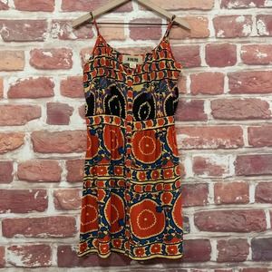 JMM Dress Women's Small Red Multicolor 100% Silk Boho Floral Abstract Sleeveless